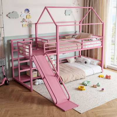 Metal House Bunk Bed with Storage Stairs and Slide ,House-Shaped