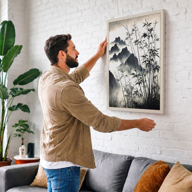 Misty Mountain Bamboo Japandi - Print, 24x16 - 61.0 x 40.6 cm, Teal Border