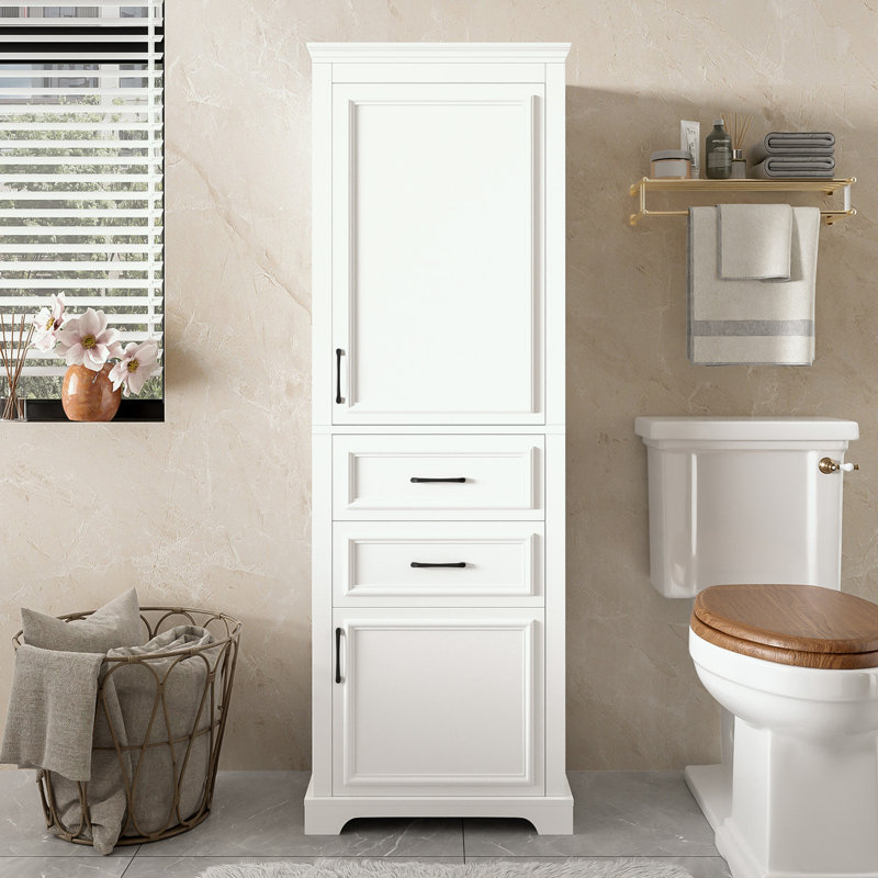 Armoire de salle de bain autoportante avec tablettes réglables et deux tiroirs
