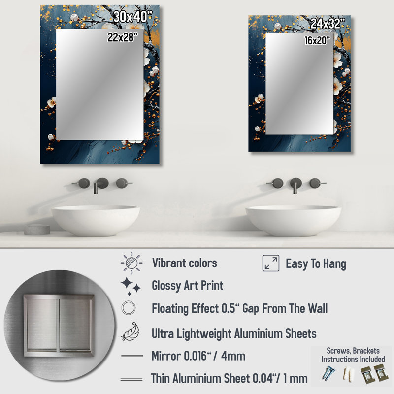 Blue Gold Cherry Blossom Branch In China I - Miroir décoratif cerisier en fleurs, miroir mural traditionnel, impression sur métal