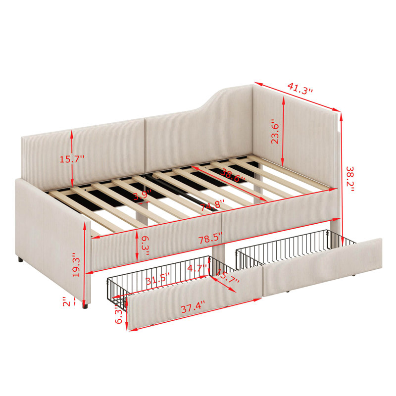 Tallis  L-Shaped Corduroy Daybed,Upholstered Bed Frame With 2 Storage Drawers, Beige