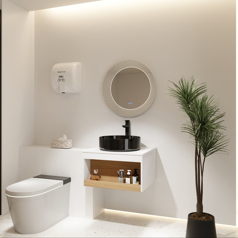 Meuble-lavabo flottant avec lavabo vasque noir veiné blanc et tablette ouverte, 24"