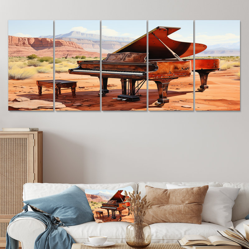 Desert Piano Melody I - Music Piano, art mural 5 pièces sur toile, H 32 po x l 80 po