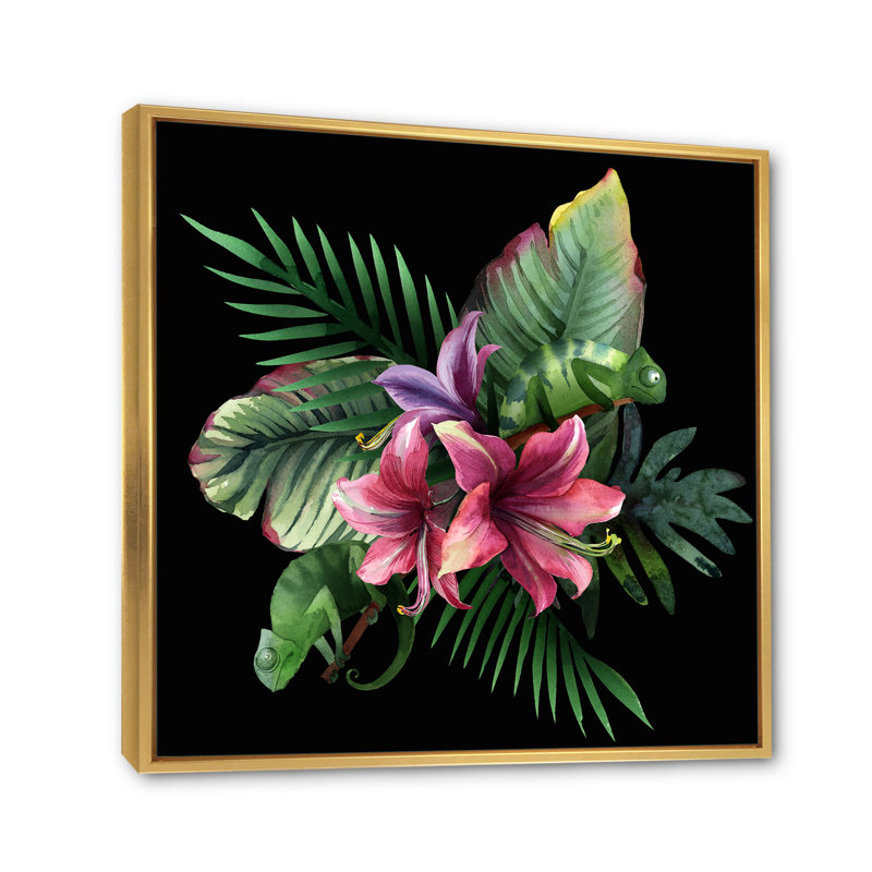 Bouquet de fleurs tropicales et de feuilles sur fond noir I - reproduction d'art sur toile traditionnelle