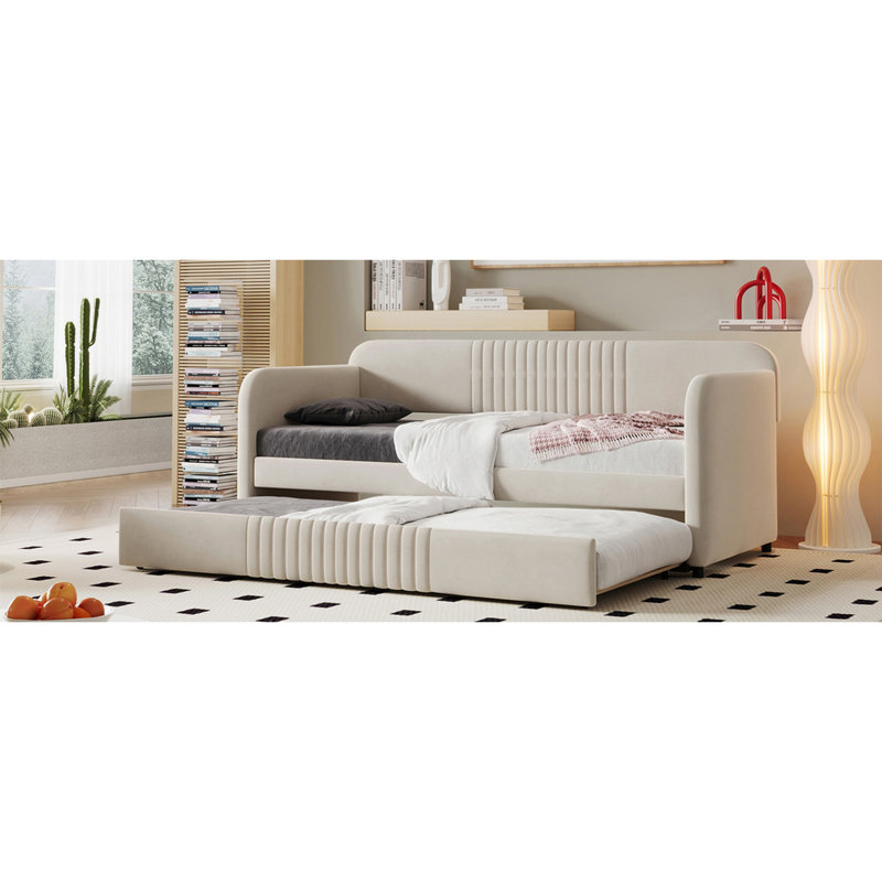 Upholstered Daybed Sofa Bed Twin Size With Trundle Bed And Wood Slat ,Beige, Beige