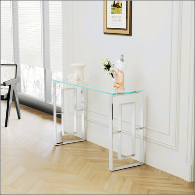 Console en verre d'acier inoxydable, table d'appoint repas argentée transparente BS-02 S