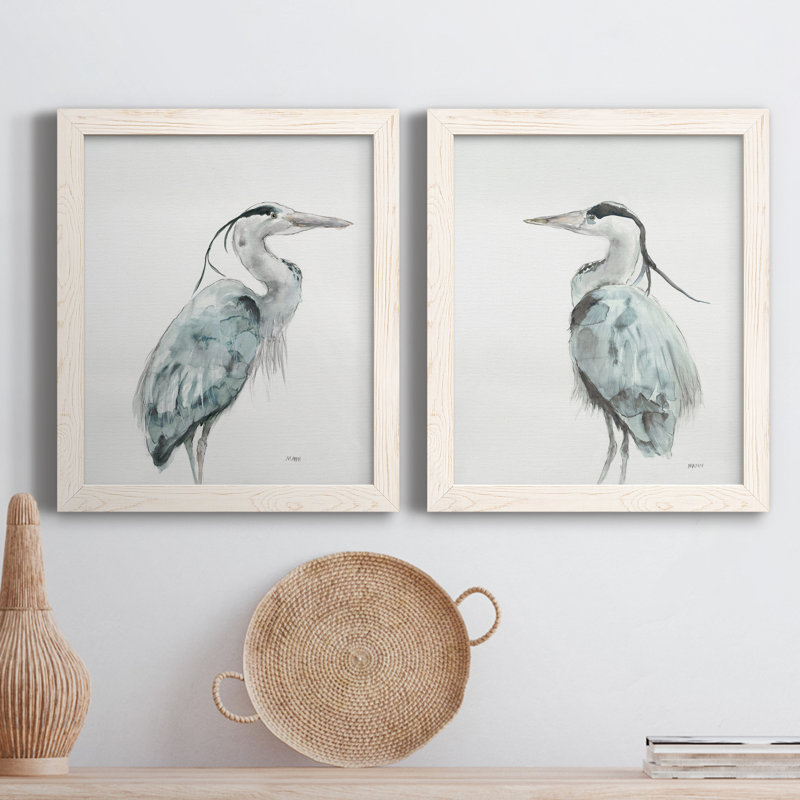 Blue Heron I - ensemble de 2 reproductions d'art sur toile encadrées, H 24 po x l 36 po x P 1,5 po, Cadre blanc