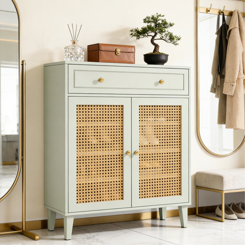 Armoire de rangement chic pour chaussures d'inspiration nordique, couleur menthe, tablettes réglables pour différentes tailles, clés de tiroir et portefeuilles, fabrication avec pieds inclinés, tiroir de rangement facile à assembler, E1