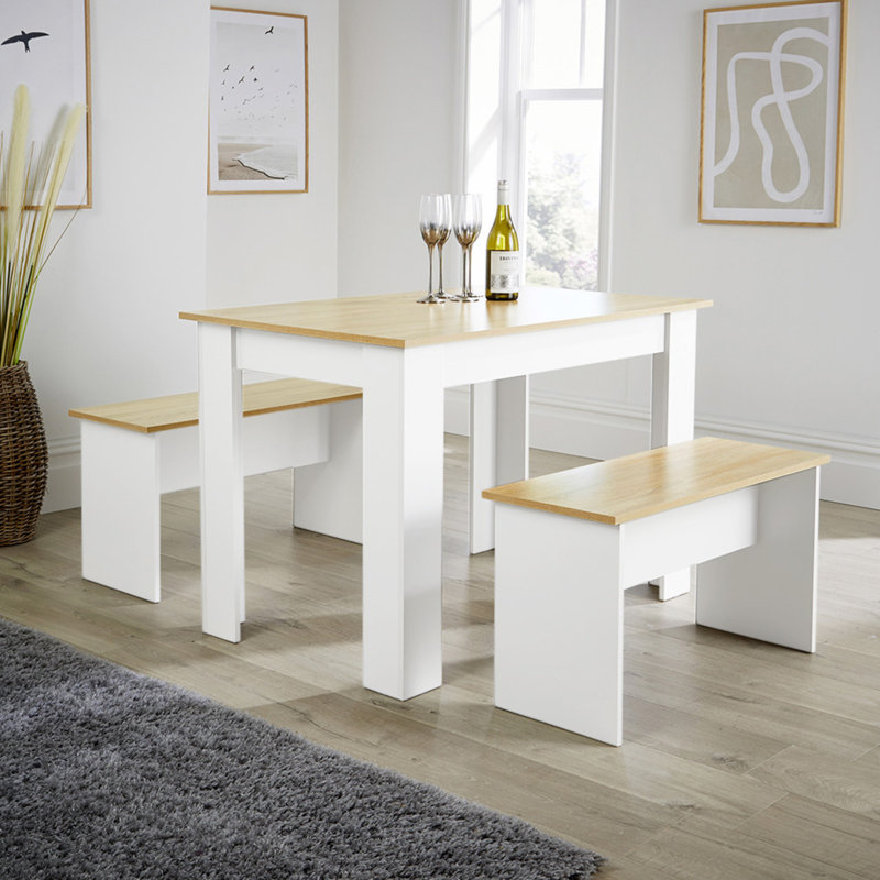 Dining Set Table Benches Wooden Unit Kitchen Furniture Seats 4 Two Tone, White