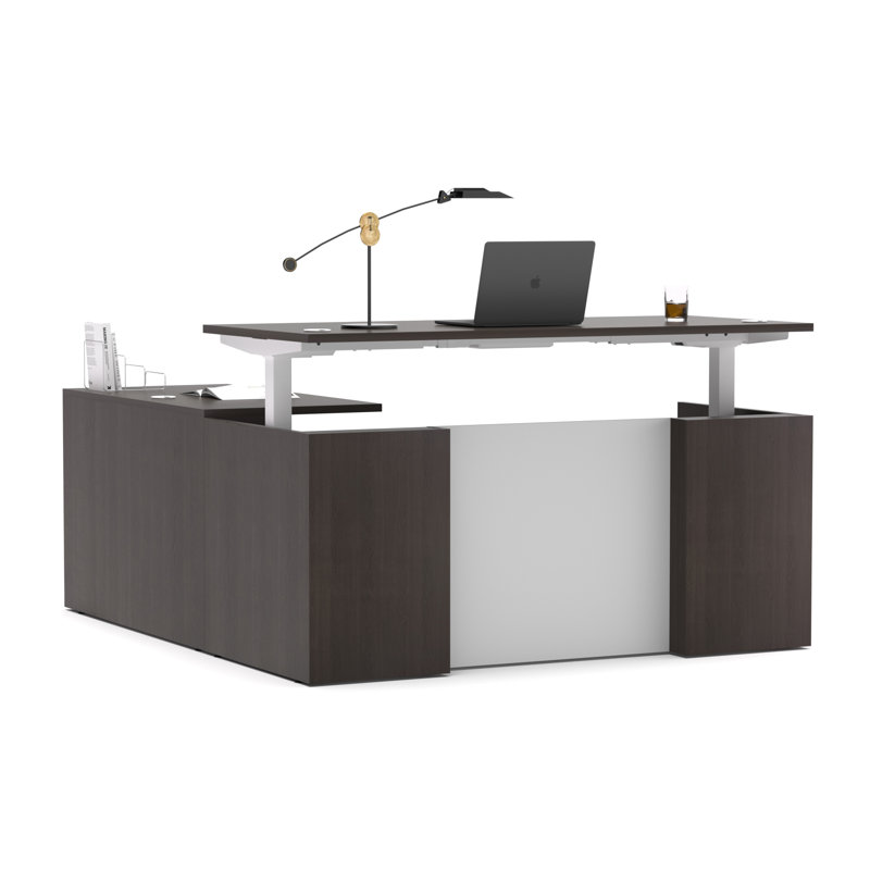 Netha U-Shaped Adjustable Height Executive Standing Desk With 3 Drawer Pedestal, Khalba Oak, U-Shape with 3 Drawers