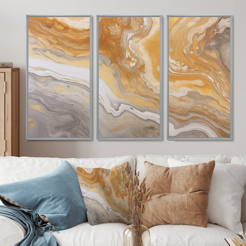 Ensemble de décorations murales en marbre gris subtil, H 28 po x l 36 po x P 1 po, Encadrement argenté