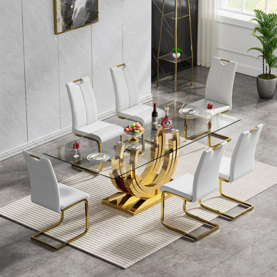 70" Glass Dining Table Set, Clear Glass Dining Table with Stainless Steel Pedestal & Leather Dining Chairs, 70" Rectangle Dining Room Table and Chairs Set, Modern Kitchen Table Set