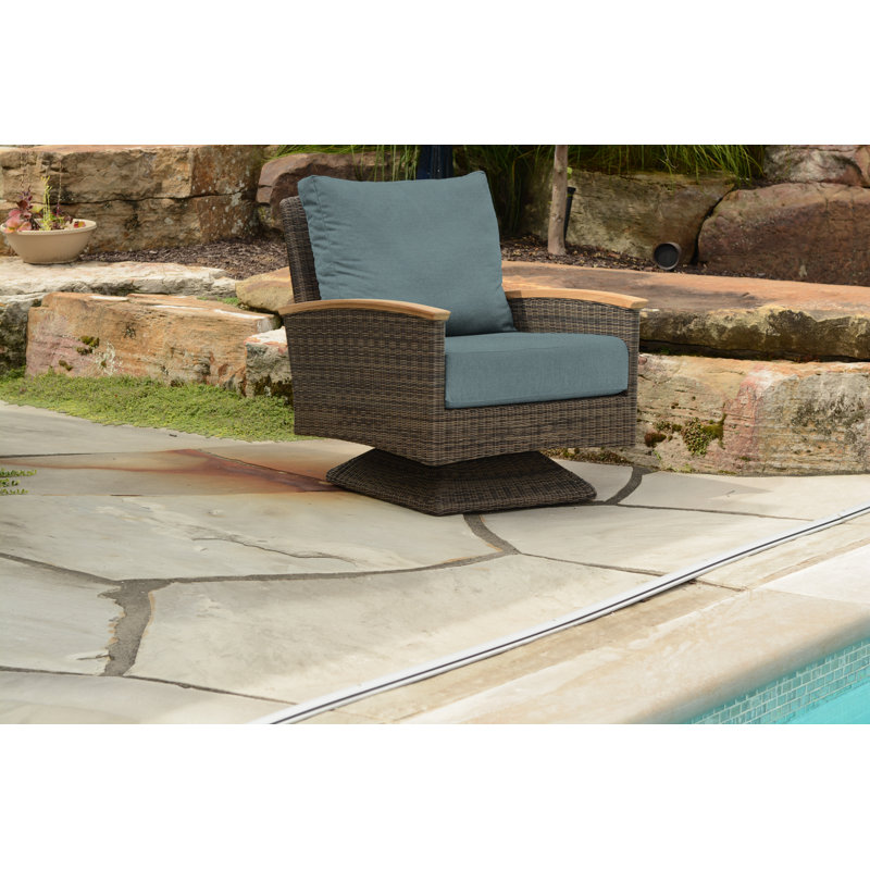 Bella Wicker Teak Outdoor Swivel Lounge Chair, Brown, Cast Lagoon Sunbrella® Plainweave