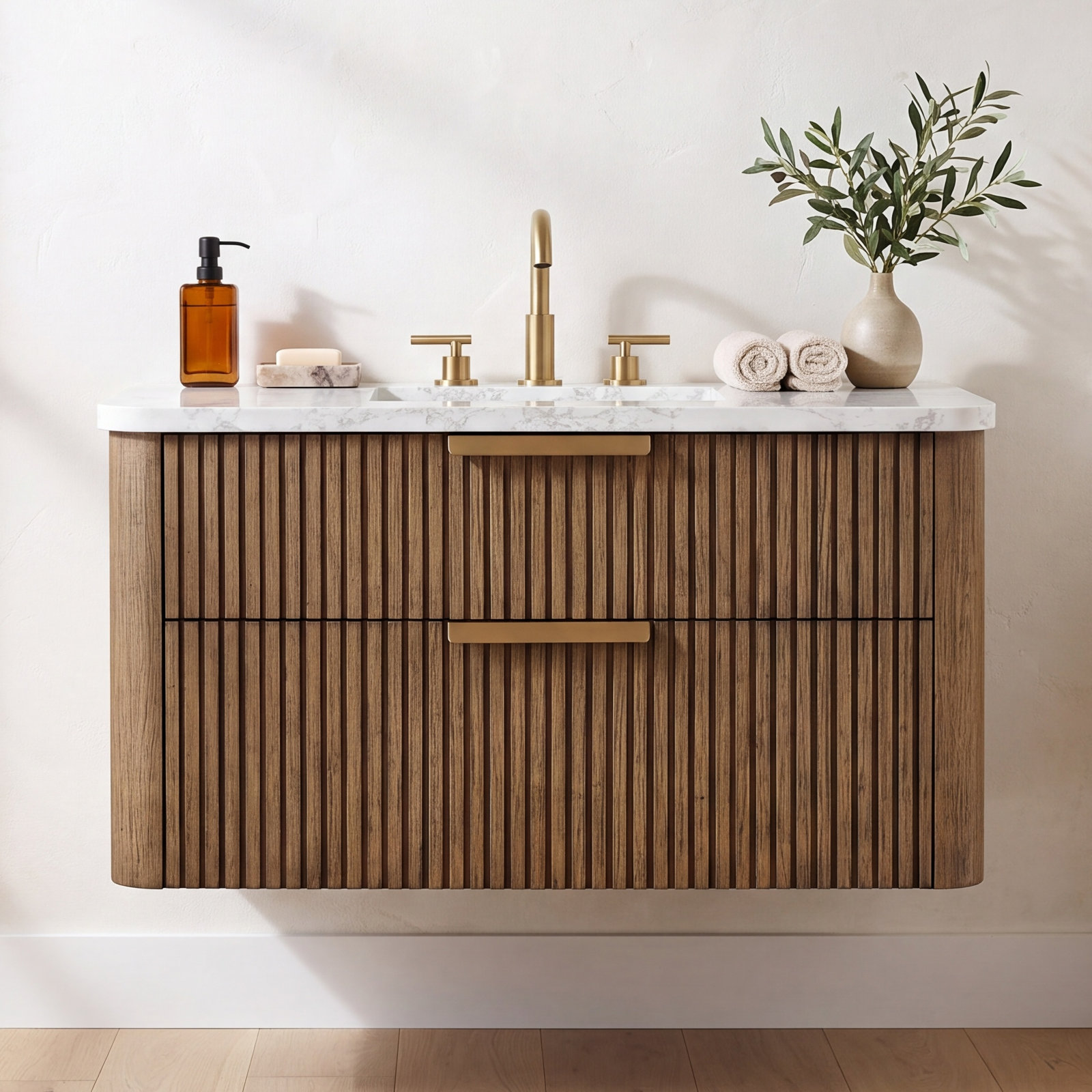Liljan 42" Oak Single Bathroom Vanity, Aged Oak/Brushed Bronze