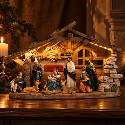 Crèche de Noël lumineuse, figurines en résine représentant la Sainte Famille, les Rois mages, des animaux et une guirlande lumineuse DEL blanc chaud, décoration de table religieuse de Noël