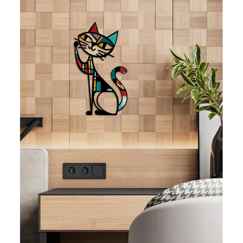 Cat Metal Wall Decor, Iron Wall Hanging for Cat Lovers, Colorful Mid-Century Geometric Retro Wall Sculpture for Living Room Bedroom Kitchen Office, 13.77 x 9.84 in