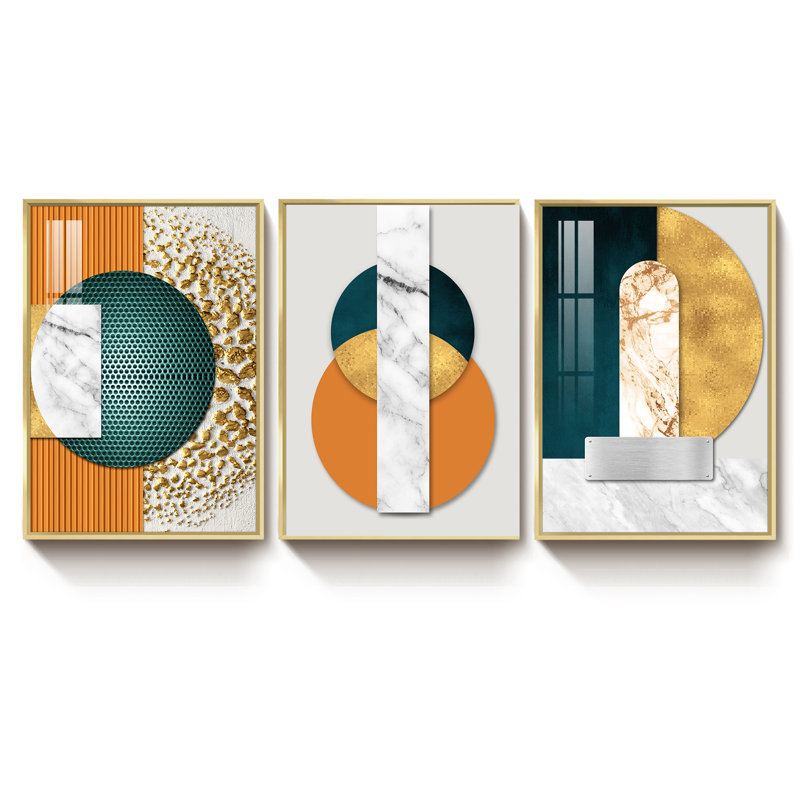 "HZLJ", art mural moderne encadré sur toile, 3 pièces, H 16 po x l 36 po x P 1,5 po, Encadrement doré