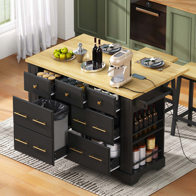 51.2" Wide Kitchen Island With Drop Leaf, Black