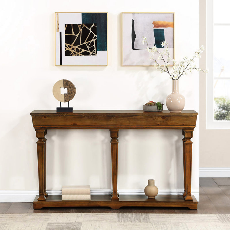 Console moderne en chêne avec pieds sécurisés et tablette fonctionnelle rectangulaire