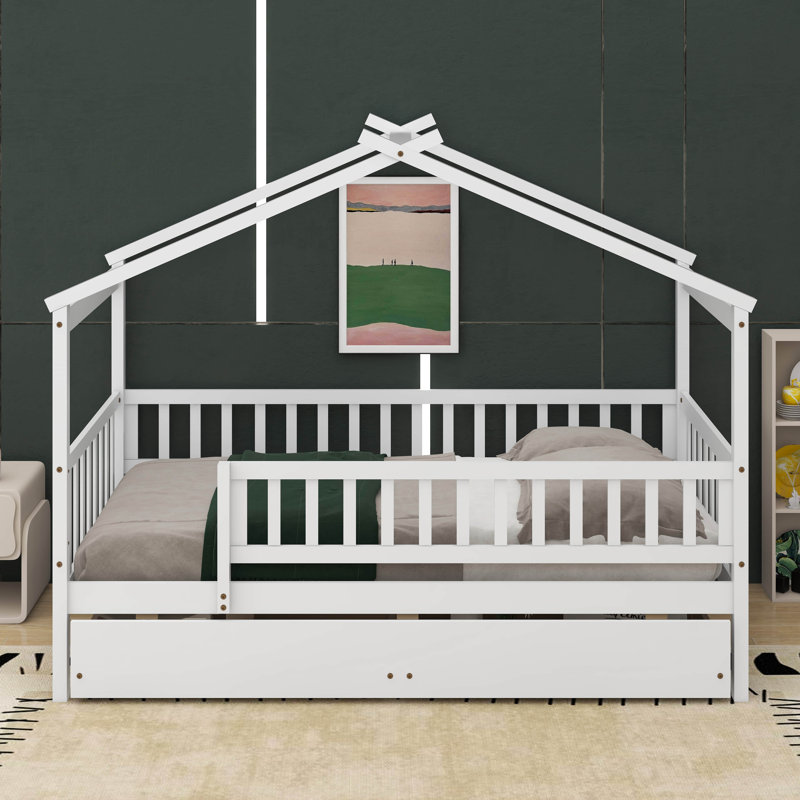 Lit en bois avec deux tiroirs, Simple, Blanc