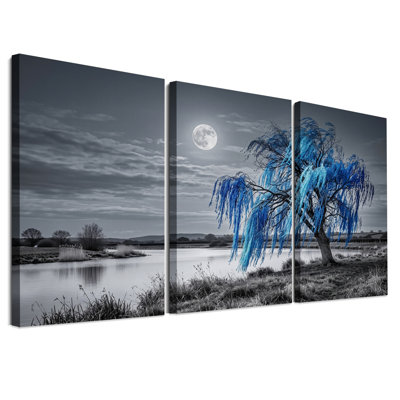 Ensemble de 3 toiles murales représentant un saule pleureur bleu au bord d'un lac au clair de lune