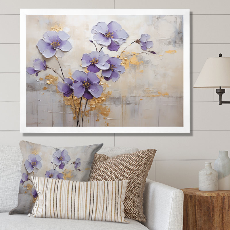 Mauve et or orné de violettes Meadow I - art mural Violettes, Cadre simple blanc, H 16 po x l 32 po x P 1 po
