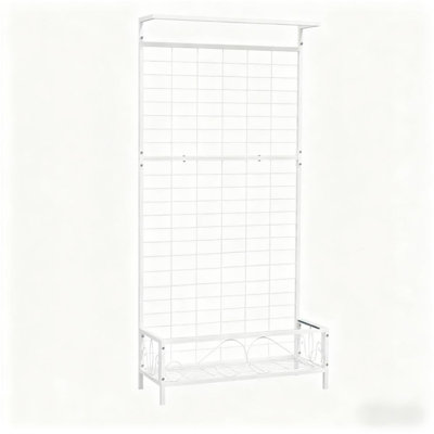 Support à plante blanc, support à plante haut en métal avec treillis et barre de suspension, pour l'intérieur et l'extérieur