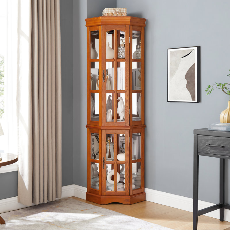 5-Shelf Corner Cabinet With , Oak Essence Oak Curio 5 Shelf Setup And, Oak