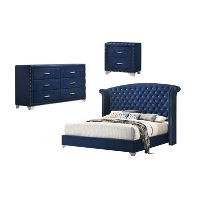 Chantel Pacific Blue 3-Piece Upholstered Bedroom Set with Dresser -  CDecor Home Furnishings, 223148KE-S3DR
