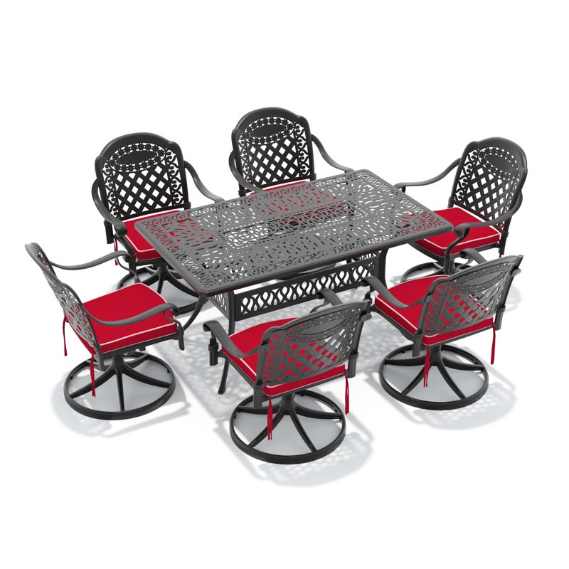 Ensemble repas d'extérieur 7 pièces rectangulaire en fonte d'aluminium avec chaises pivotantes, coussins et trou pour parasol