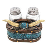 Southwestern Salt & Pepper Shakers Set w/ Holder - Faux Horn & Tooled Leather (Rustic, Cabin, Lodge)