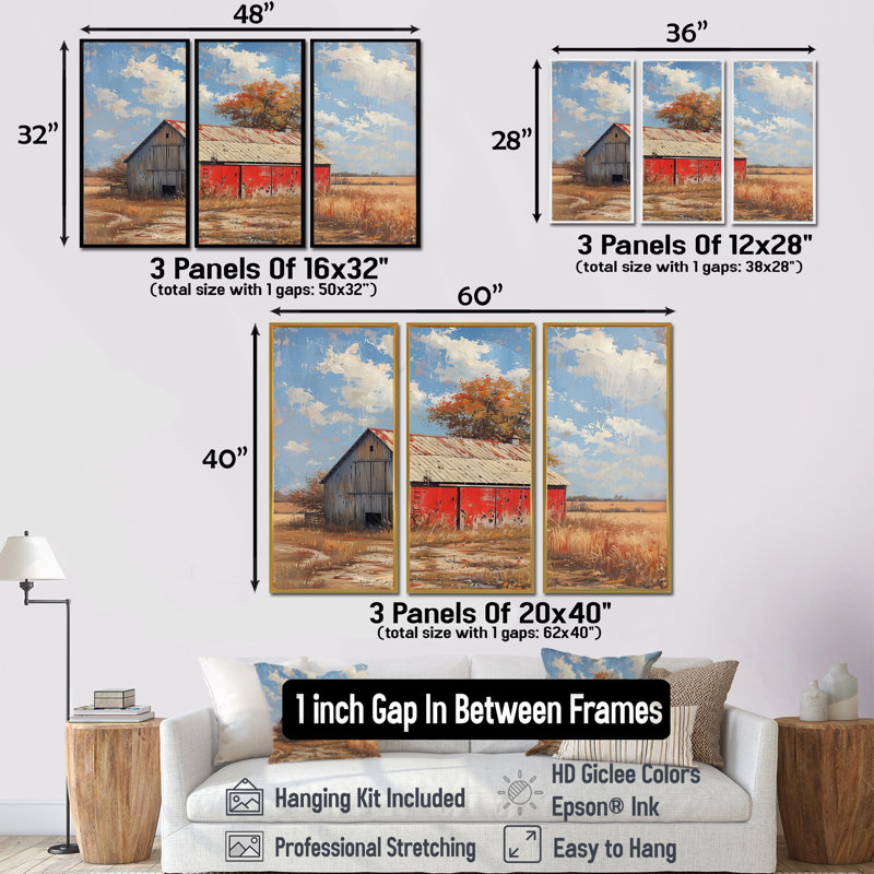 Red Grey Summer Barn Breeze " Red Grey Summer Barn Breeze " 3 - Pieces, Cadre flottant doré, H 32 po x l 48 po