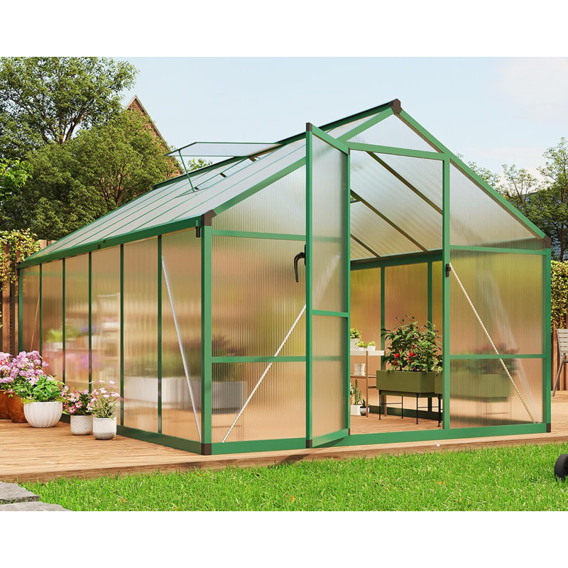 8×12 FT Polycarbonate Greenhouse, Walk-In Outdoor Garden Green House with Aluminum Frame, Roof Vent, Quick-Setup, Silver
