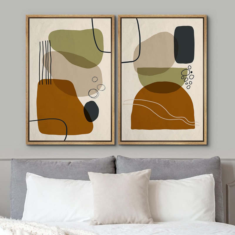 Reproduction de style Mid-Century brun vert et gris, symbole de collage de formes abstraites modernes sur toile, 2 pièces