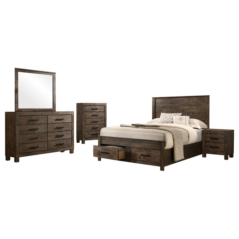 Gurmaan Gurmaan Platform Bedroom Set Rustic Golden Brown, 5 Pcs: Bed, Nightstand, 2 Dressers, Mirror, King