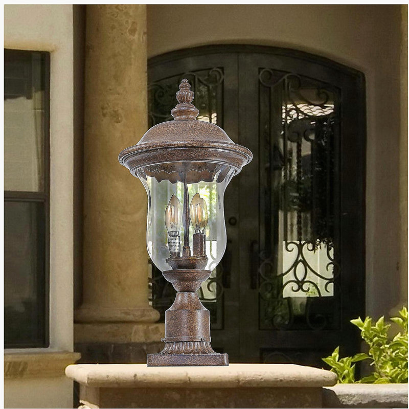 21"(H) Classic Outdoor Post Lamp, Waterproof Garden Patio Lantern, Transparent Glass Shade, Classic Bronze Color, Suitable for Courtyard, Porch, Pathway, and Driveway Lighting (Integrated and No Bulb)
