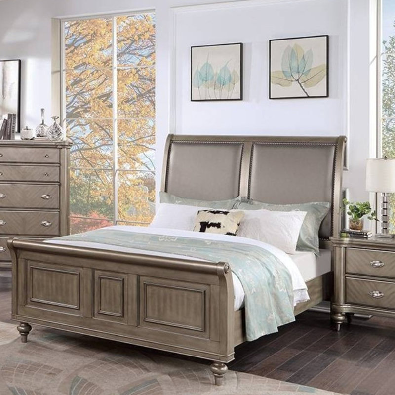 Mobilier de chambre à coucher à tête de lit à deux panneaux de style moderne et luxueux avec finition argentée antique
