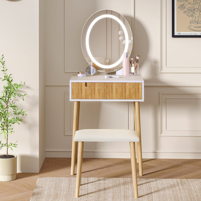 Small Vanity Desk With 18" Mirror And Lights, Wooden Handles With Cushioned Stool