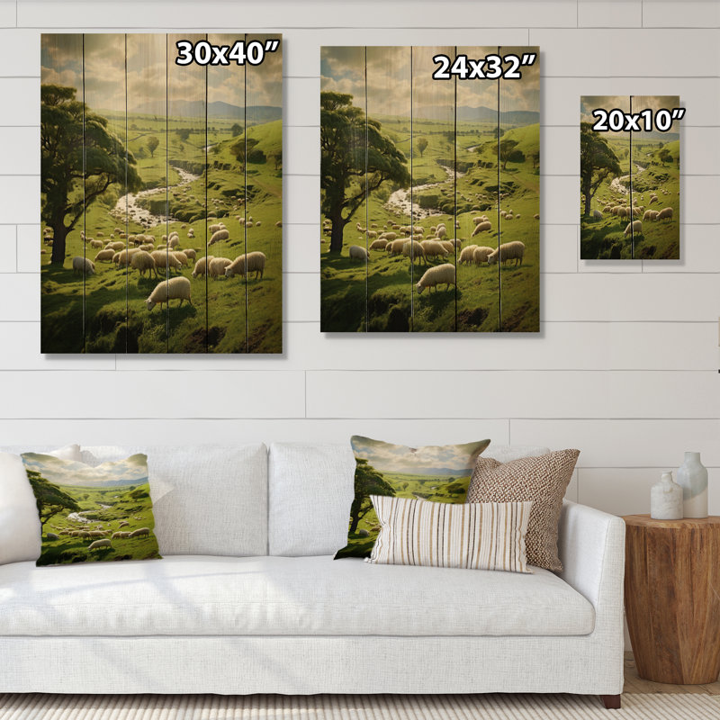 «Pastoral Bliss Sheep Landscape I», reproduction sur bois, H 32 po x l 24 po x P 0,78 po