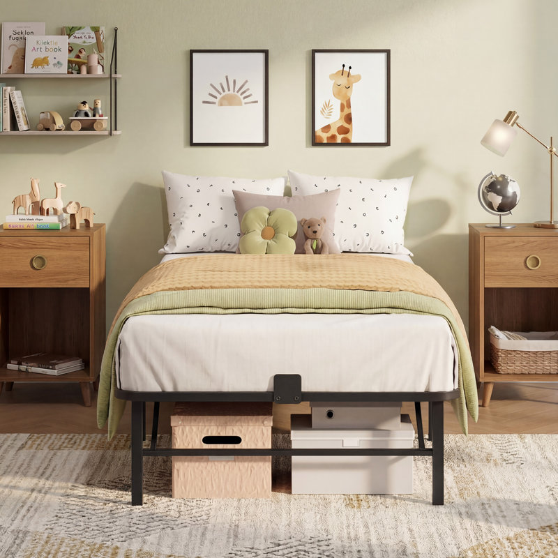 Lit simple en métal Antioch avec supports de matelas à 360 ° et rangement sous le lit, aucun sommier requis, assemblage facile