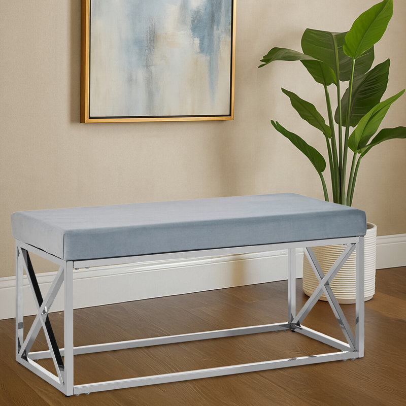 Sayyed Velvet Upholstered Bench, Grey, Silver
