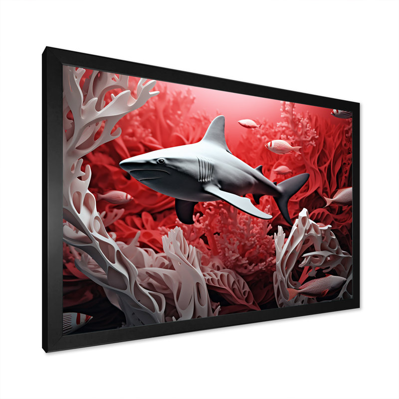 Impression sur toile monochrome de requin rouge et gris, Cadre simple noir, H 12 po x l 20 po x P 1 po