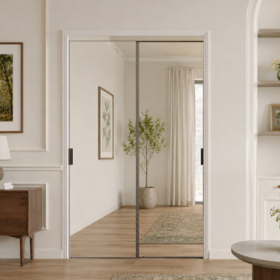 Sliding Closet Door with Full-Length Mirror - Modern Aluminum Frame Door, Handle & Hardware Kit Included
