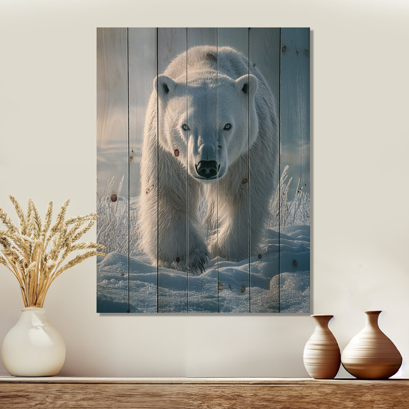 Ours polaire dans la toundra I - Art mural en bois d'ours - sur bois de pin naturel, H 40 po x l 30 po x P 0,78 po