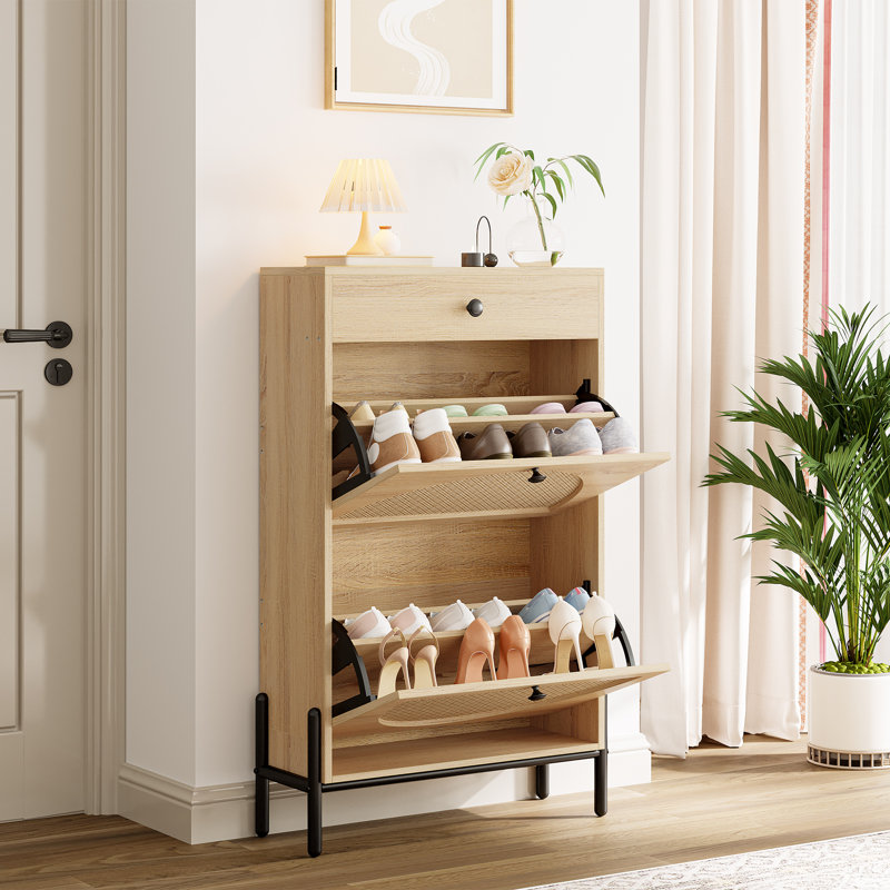 Rattan Shoe Storage Cabinet with 2 Flip Doors and 1 Drawer, 3-Tier Adjustable Shelves for Entryway, Black