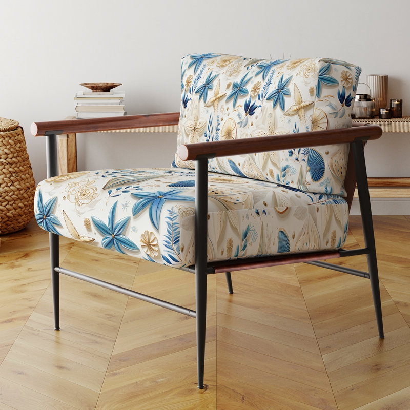 Blue And White Coastal Retreat Seashells II - Upholstered Cottage Accent Arm Chair
