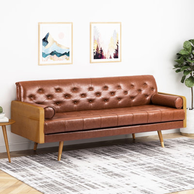 Brun Mid-Century moderne avec capitonnage, l 72,69 po x P 30,5 po x P 31,6 po, tissu en polyuréthane, coussins décoratifs roulés, surpiqûres de siège gaufré, revêtement