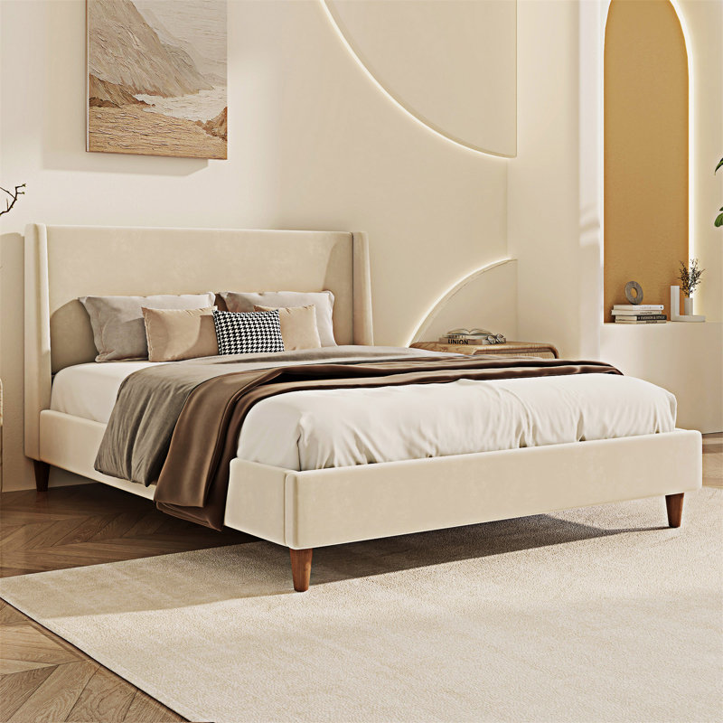 Upholstered Platm Bed With Wingback Headboard, King, Beige