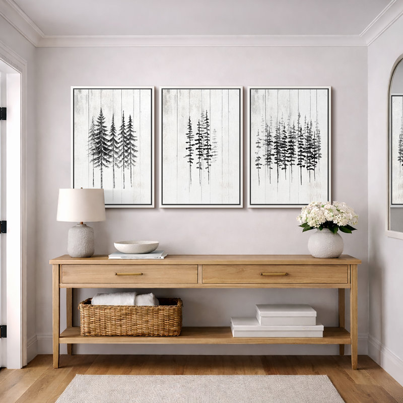 "Minimal Botanical", illustration de pins noirs et blancs, photos de bois de ferme rustique moderne, impression encadrée sur toile giclée, 3 pièces "16" x 24 "x 3 pièces, 24" x 36 "x 3 pièces