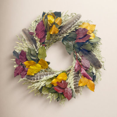 Natural Dried and Preserved Fall Leaves Wreath with Turkey Feathers